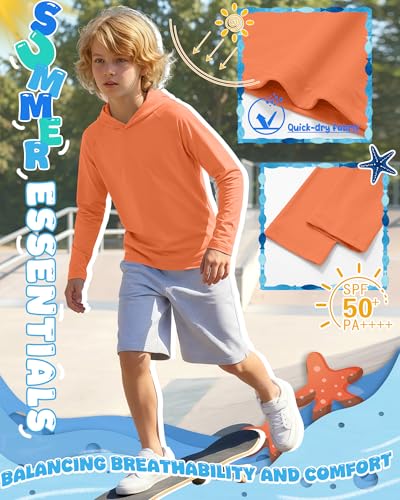 Boys Long Sleeve Rash Guard Hoodie UPF50+ - Orange, 5-6 Years