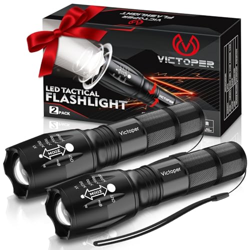 High Lumens LED Flashlight 2 Pack - Waterproof & Zoomable - Black