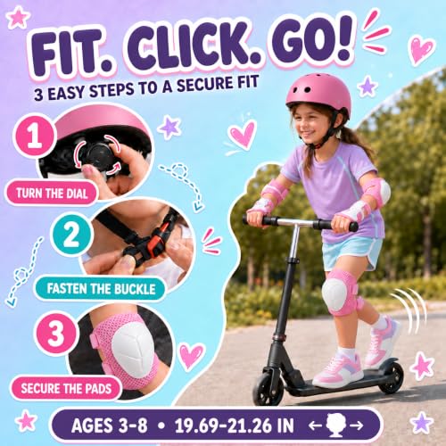 Pink Kids Bike Helmet Set for Ages 3-8 with Knee Elbow Wrist Pads, Small 19.69-21.26"