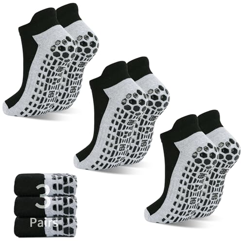 Men's Non-Slip Gripper Socks - Ankle Low Cut, 3 Pairs, Black (Size 10-12)