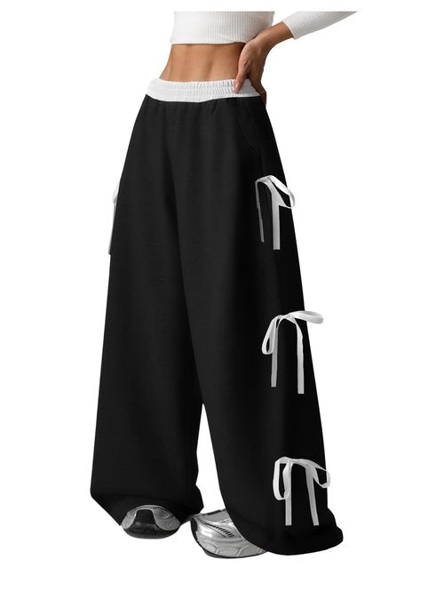 Verdusa Girl's Coquette Bow Wide Leg Baggy Pants Lightweight Cute Sweatpants with Pockets Grey Black 12 Years