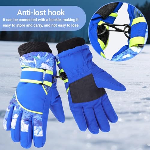 Kids Winter Snow Gloves - Windproof Cold Weather Ski Mittens, Blue, 4-7 Years