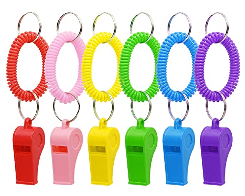 Loud Plastic Sport Whistle Set with Stretchable Wrist Keychains - 6 Colors