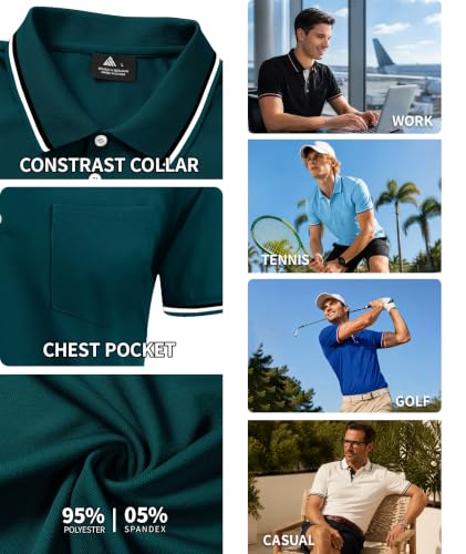ZITY Men's Polo Shirt with Pocket, Moisture-Wicking Collared Golf Top, XL Dark Teal Blue