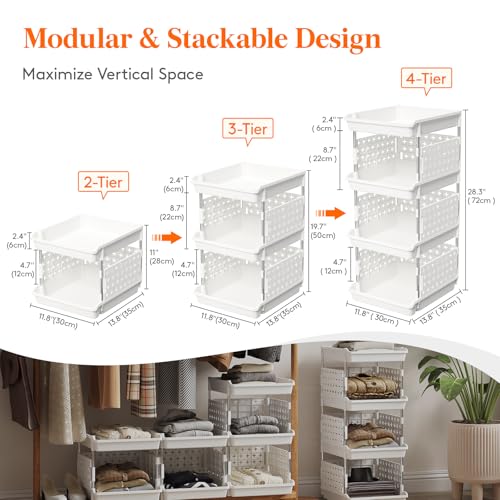 Lifewit Plastic Stackable Storage Baskets, 4 Tier Stacking Bins 13.8"D x 11.8"W x 28.3"H, Large Capacity Multi-Functional Containers Shelves for Pantry, Playroom, Kitchen and Bedroom, 1 Pack, White