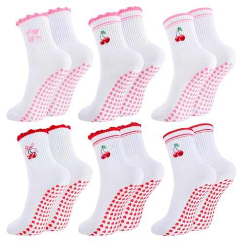 Non-Slip Pilates Grip Yoga Socks - 6 Pairs in Pink, Red, Ruffles