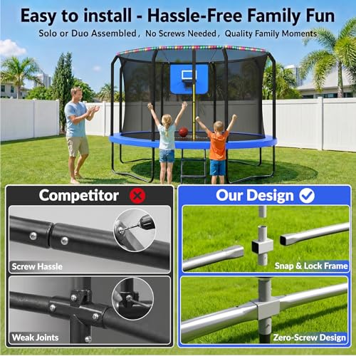 14FT Outdoor Trampoline with Net, Basketball Hoop & LED Lights - Blue
