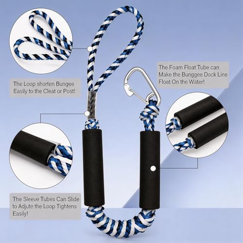 Manifish Bungee Dock Lines for Boats - 2 Pack, 2ft, Stainless Steel Clips