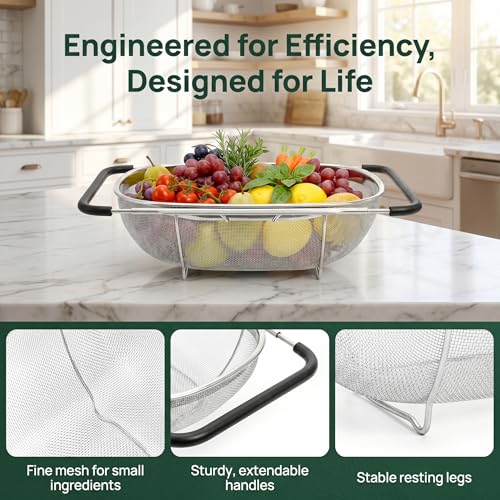 2 Pack Over Sink Oval Colanders - Stainless Steel Mesh Strainers with Expandable Handles, 6 Quart Capacity