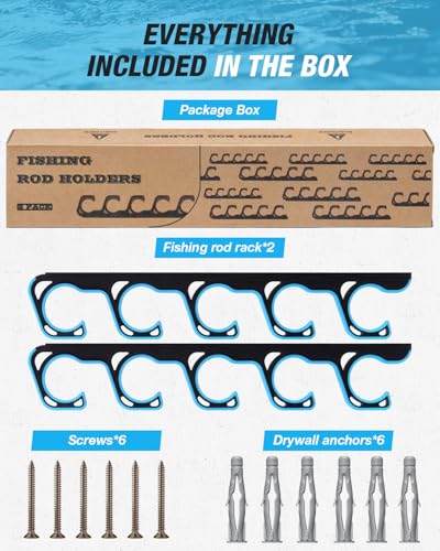 Ghosthorn Fishing Rod Rack - Wall or Ceiling Mounted Pole Holder for 5 Rods, Blue, 1 Pack