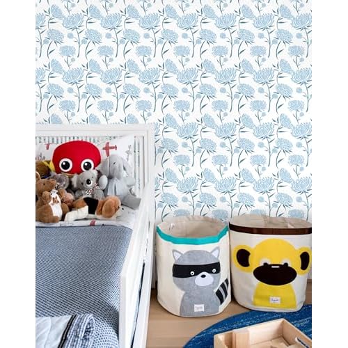 Hopepak Floral Peel and Stick Wallpaper Contact Paper Blue Wall Paper Modern Self Adhesive Removable Vinyl Wallpaper for Bedroom 17.3"x118"