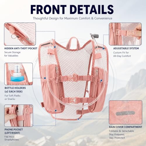 Pink Zavothy Hydration Vest Pack with 1.5L Water Bladder, Lightweight 6L Running & Cycling Backpack