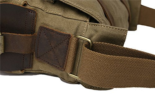 Sechunk Small Army Green Vintage Military Leather Canvas Laptop Bag Messenger