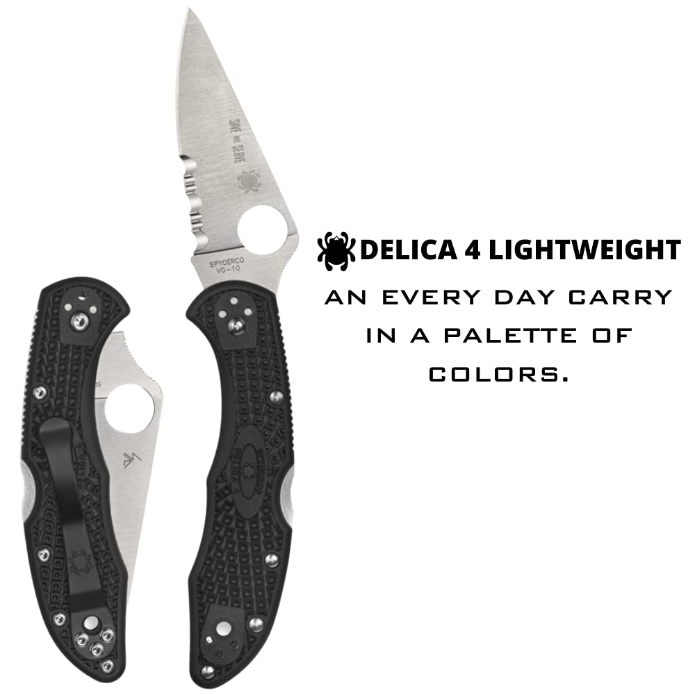 Spyderco Delica 4 Lightweight Knife with Flat Ground Steel Blade and Wildland Firefighter Foundation Black FRN Handle - CombinationEdge - C11FPSBKRD
