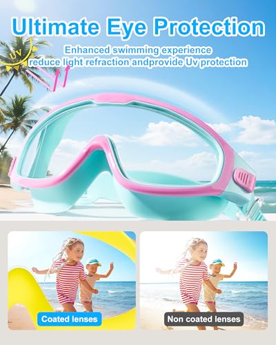 Kids Swim Goggles for 3-14 Years - Pink Green, Anti-Fog, UV Protection, No Leak, Wide View, Seasprint