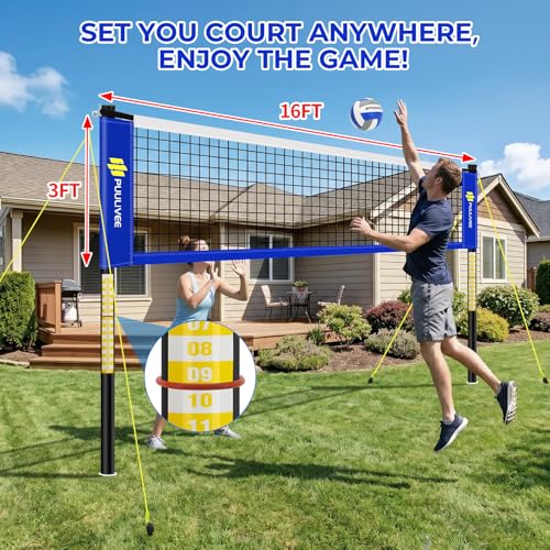 Outdoor Volleyball Net Set - 32ft/16ft Blue+White, Adjustable Poles