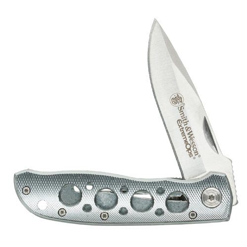 Smith & Wesson Extreme Ops CK105H 7.3in S.S. Folding Knife with 3.2in Drop Point Blade and Aluminum Handle for Outdoor, Tactical, Survival and EDC,Silver