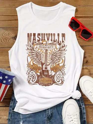 LANMERTREE Women's Coconut Tree Tank Top Medium Nashville White Summer Vacation Sleeveless Shirt Casual Beach Tee