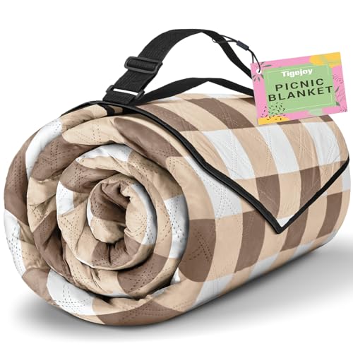 Extra Large Waterproof Picnic & Beach Blanket 80''x118'' Beige - Thick Padding, Portable & Easy to Clean