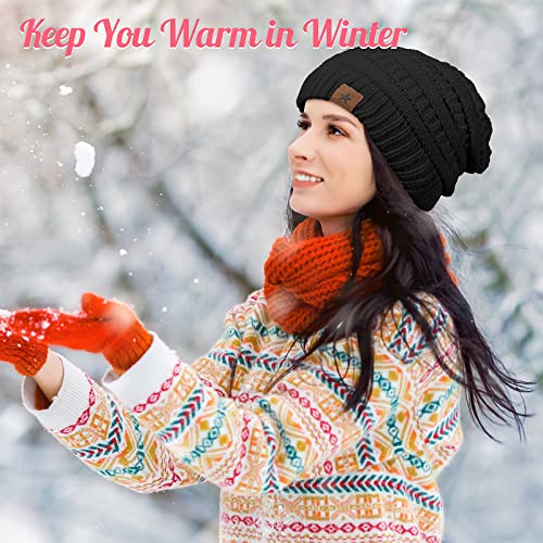 Jeere 4-Piece Women Winter Hat & Gloves Set, Fleece Lined Beanies & Touchscreen Gloves, Black & Beige