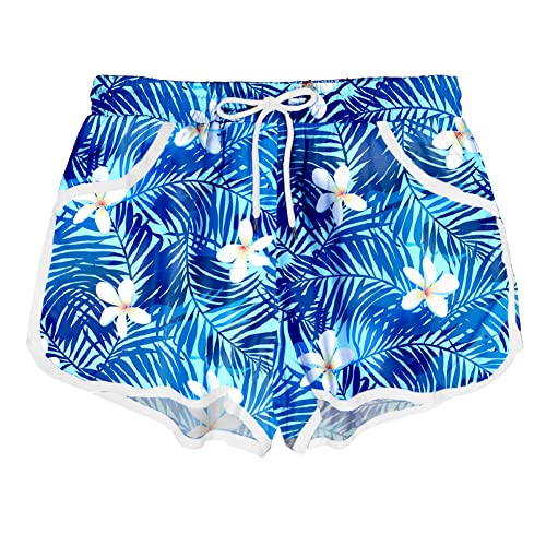 Deerose Women's Blue Leaves Tropical Print Board Shorts with Pockets, Large Size, Beach Swimwear