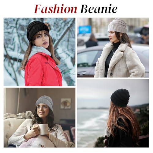 Women's Warm Cable Knit Beanie - Soft Striped Winter Hat - Grey