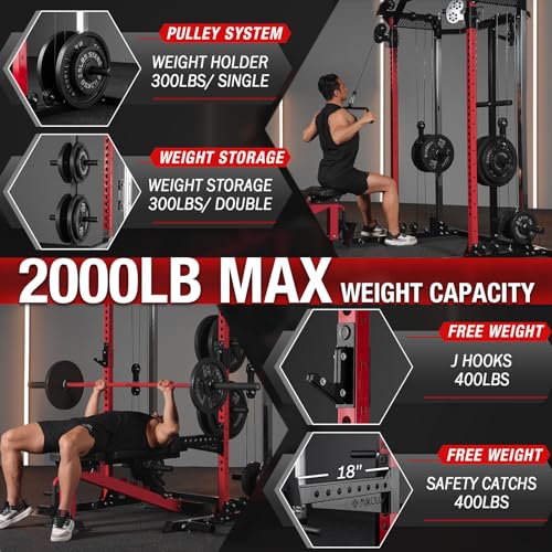 HR06 Power Cage with Aluminum Pulleys - Red, 2000LB Multi-Function Home Gym