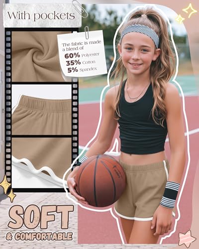 Girls Athletic Shorts - 3 Pack, Khaki + Light Heather Gray + Black, 11-12 Years