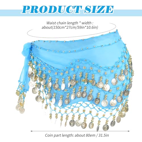 Belly Dance Hip Scarf with Gold Coins - Lake Blue Chiffon Wrap