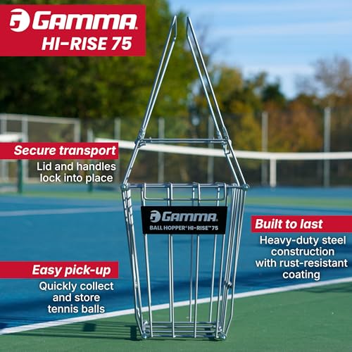 Heavy Duty Tennis Ball Hopper Hi-Rise 75 - Silver Basket with Handle