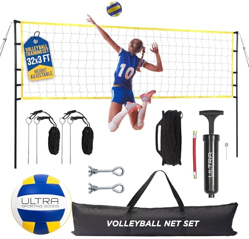 Volleyball Net Set - Portable 32x3 FT with Steel Poles, Yellow