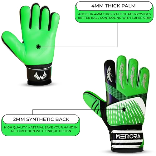 Soccer Goalie Gloves for Kids - 4mm Anti-Slip Grip - Green, Size 3