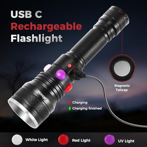 Z3 3-in-1 USB Rechargeable Flashlight, White/Red/UV LED Flash Light with Magnetic Base, 385nm Black Light for Resin Curing, Pet Urine Detection, Rockhounding, Camping, Hiking