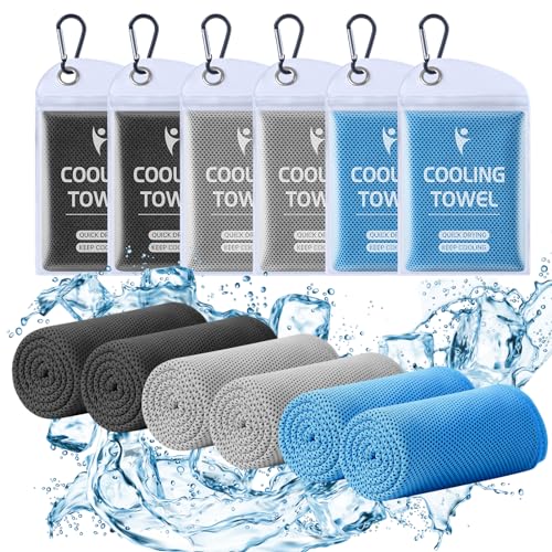 Cooling Towels 6 Pack - 40x12 Breathable Gym Towels - 2 Black, 2 Dark Grey, 2 Blue