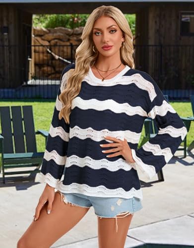 Women's Long Bell Sleeve Crochet Cover Up - Loose Mesh Striped Top