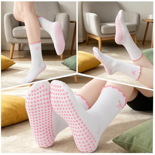 Non-Slip Pilates Grip Socks for Women - Ruffle Ballet Style - Pink (3 Pairs)