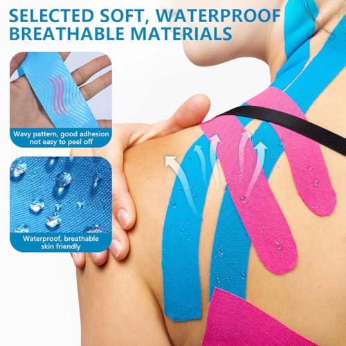 Waterproof Kinesiology Tape - 4 Rolls for Muscle Pain Relief - Black, Skin, Pink, Light Blue
