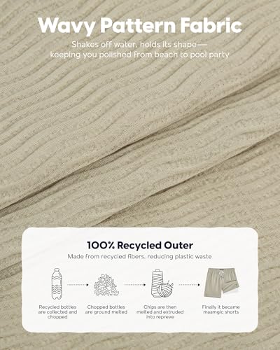 Maamgic Wavy Texture Men's Swim Trunks 7" Quick Dry Compression Liner Large-Light Khaki-White