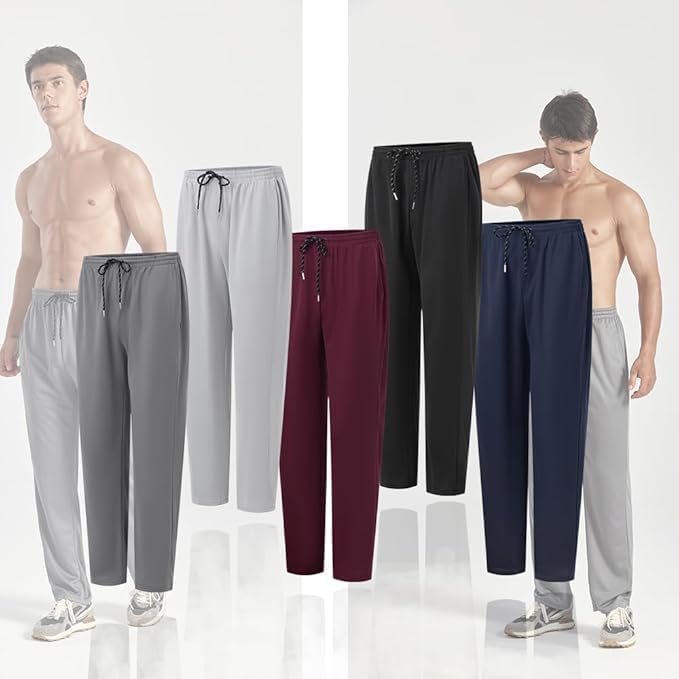 ZH 3 Pack Men's Lightweight Quick Dry Joggers with Pockets - Open Bottom Athletic Pants - Black/Grey/Army Green, Medium