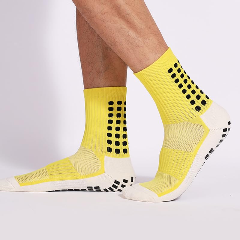 Anti-Slip Grip Soccer Socks for Men - 4 Pairs, One Size - Yellow