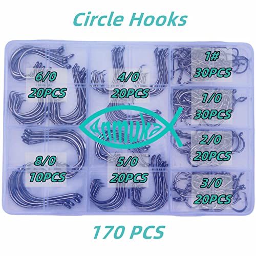 Anmuka Black 170Pcs Circle Hooks Set 1-8/0 Size Kit Saltwater & Freshwater