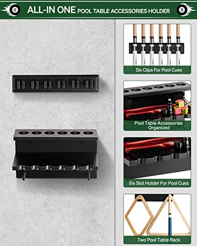 Wall Mount Pool Cue Rack - Hardwood Holder for 6 Cues - Black