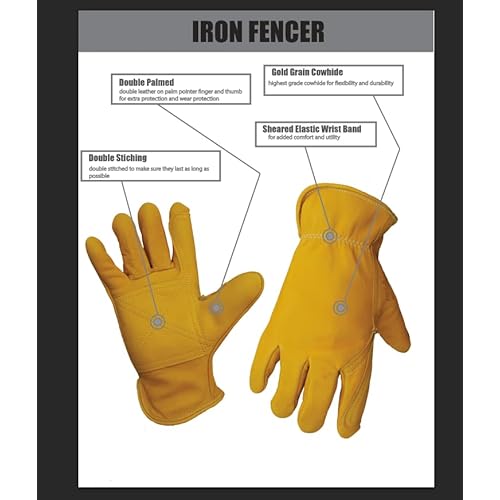 Iron Fencer Leather Work Glove - 207 Large Golden Stag Cowhide Leather Fencing Gloves for Men Heavy Duty Double Palm, Guantes de Trabajo, Ranch, 207L