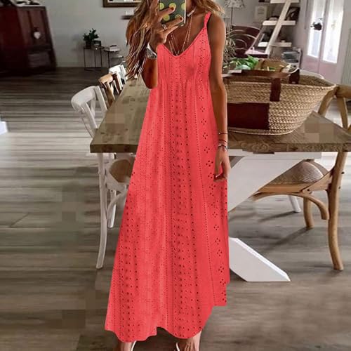 Maxi Dress for Women - Eyelet Spaghetti Sleeveless V Neck, Watermelon Red, Medium