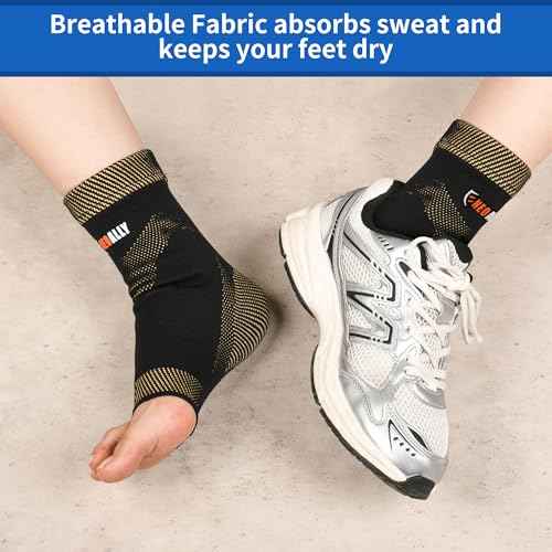 NeoAlly Copper Ankle Support Brace Compression Sleeve with Silicone Gel Reduce Foot Swelling Pain Relief from Plantar Fasciitis and Achilles Tendon (Medium - 1 Pair)