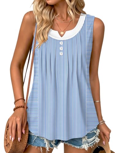 Trendy Striped Pleated Tank Top with Curved Hem - Stripe Blue, X-Large