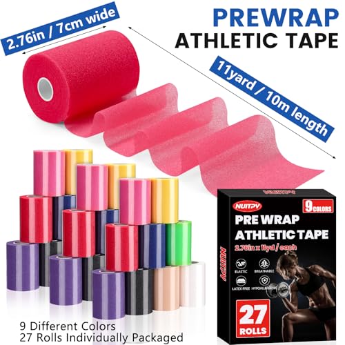 NUITPY 27 Pack Pre Wrap Tape - 9 Colors, 2.76" x 11 Yards, Latex-Free Athletic Tape Set (Variation: 9 Colors-27 Pack)