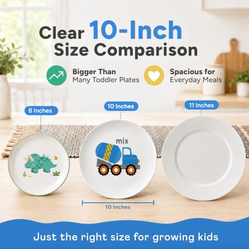 Multicolor Construction Toddler Plates Set of 4 - 10-inch Kids Dinnerware with Mixer Excavator Bulldozer Dump Truck