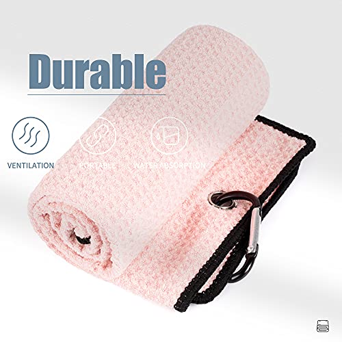 Tri-Fold Golf Towel - 16" x 24" Microfiber with Carabiner Clip - Pink