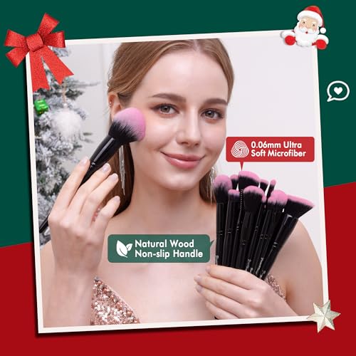 Bueart Design 18Pcs Pro Deluxe Makeup Brush Set with Fuchsia & Black Brush Holder